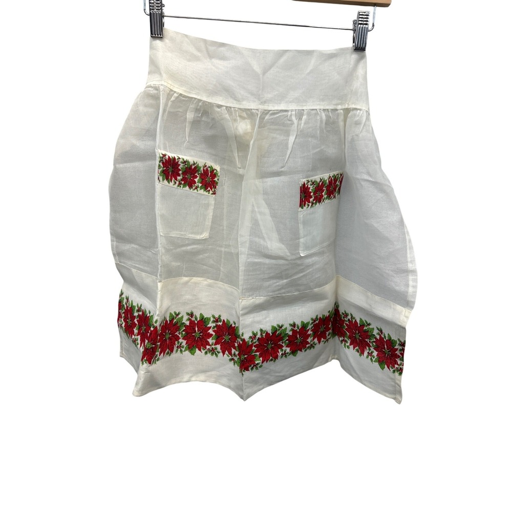 Vintage Half Apron Women White‎ Poinsettia Floral Christmas Sheer Pockets